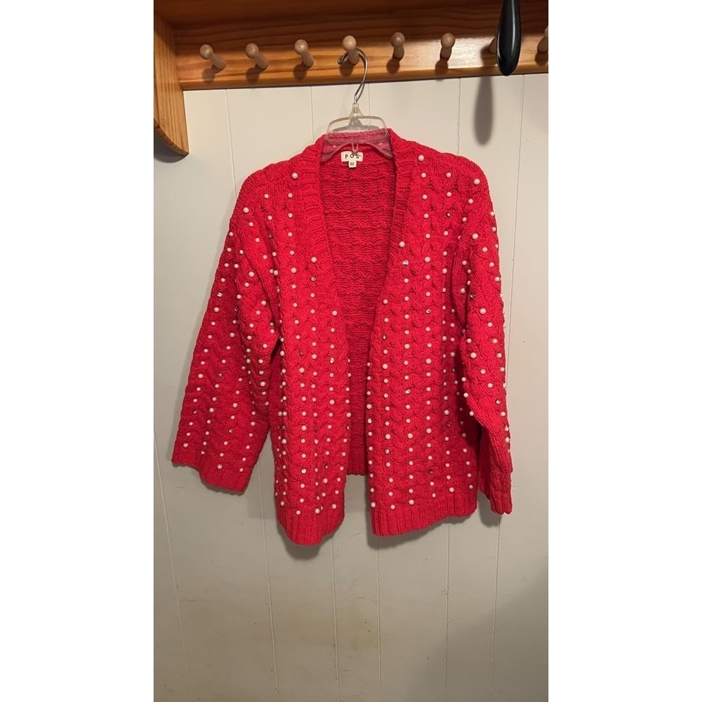 POL Red Knit Cardigan with Pearl Accents‎